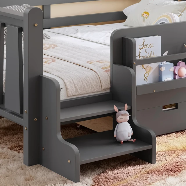 Alt view image 7 of 7 - Full Size Floor Bed with Storage Bookcases and Drawers, Solid Kids Floor Bed with Stairs and Guardrails Box Spring