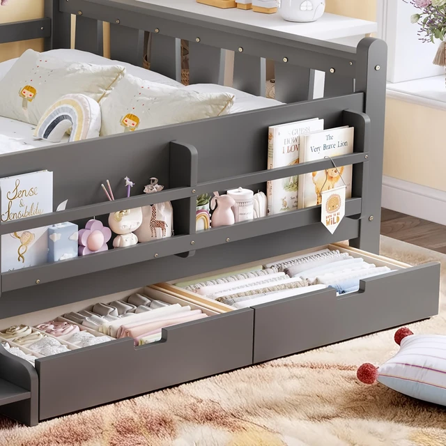 Alt view image 6 of 7 - Full Size Floor Bed with Storage Bookcases and Drawers, Solid Kids Floor Bed with Stairs and Guardrails Box Spring