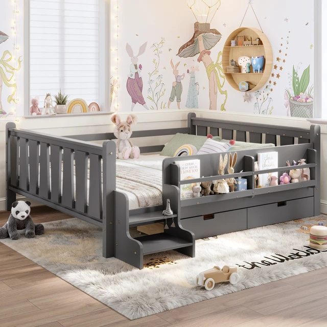 Alt view image 3 of 7 - Queen Size Floor Bed with Storage Bookcases and Drawers, Solid Kids Floor Bed with Stairs and Guardrails Box Spring