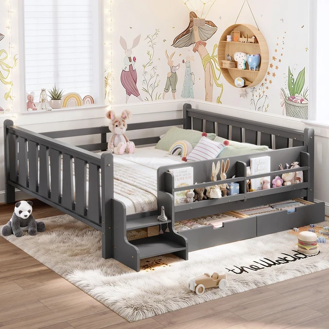 Main image of Queen Size Floor Bed with Storage Bookcases and Drawers, Solid Kids Floor Bed with Stairs and Guardrails Box Spring