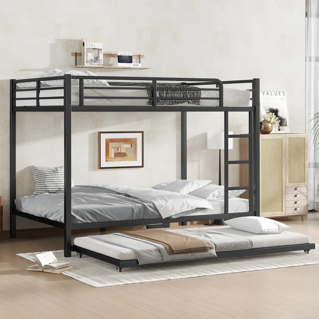 Main image of Full Over Full Metal Bunk Bed with Twin Size Trundle, Black, Beds Frames Bases