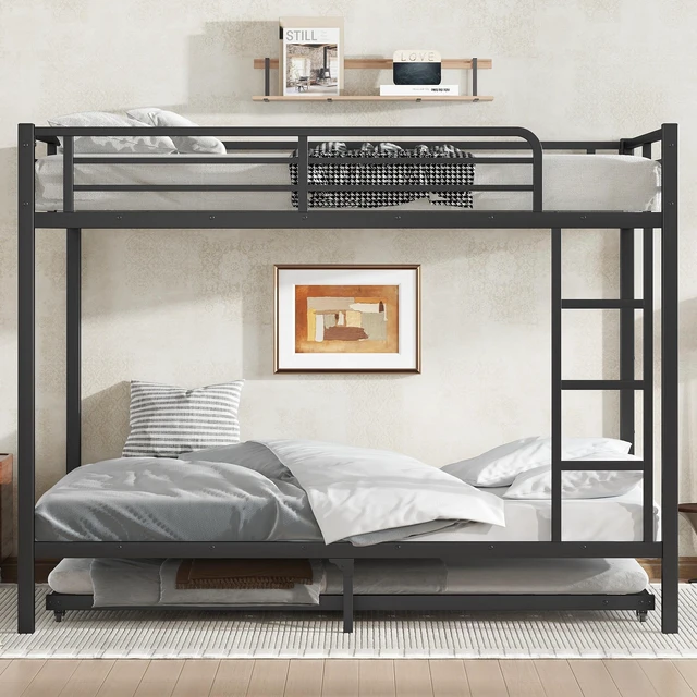 Alt view image 3 of 7 - Full Over Full Metal Bunk Bed with Twin Size Trundle, Black, Beds Frames Bases