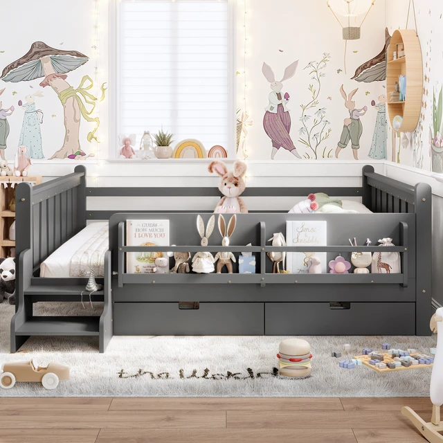 Alt view image 2 of 7 - Queen Size Floor Bed with Storage Bookcases and Drawers, Solid Kids Floor Bed with Stairs and Guardrails Box Spring