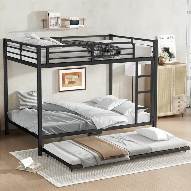 Alt view image 2 of 7 - Full Over Full Metal Bunk Bed with Twin Size Trundle, Black, Beds Frames Bases