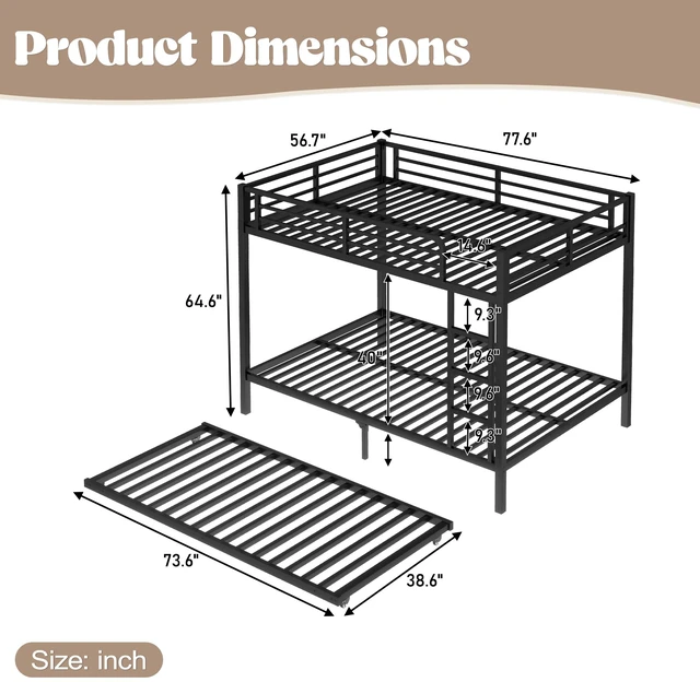 Alt view image 4 of 7 - Full Over Full Metal Bunk Bed with Twin Size Trundle, Black, Beds Frames Bases