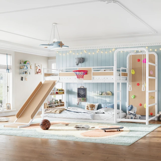 Main image of Twin Size Metal Loft Bunk Bed with Basketball Hoop, Pull Rings Climbing Wall and Built in Bookshelves Playful Children