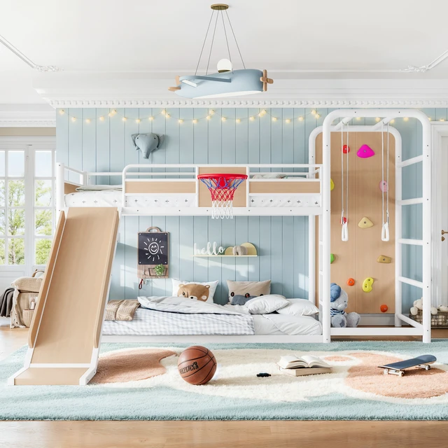 Alt view image 3 of 7 - Twin Size Metal Loft Bunk Bed with Basketball Hoop, Pull Rings Climbing Wall and Built in Bookshelves Playful Children