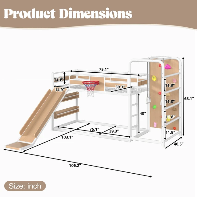 Alt view image 4 of 7 - Twin Size Metal Loft Bunk Bed with Basketball Hoop, Pull Rings Climbing Wall and Built in Bookshelves Playful Children