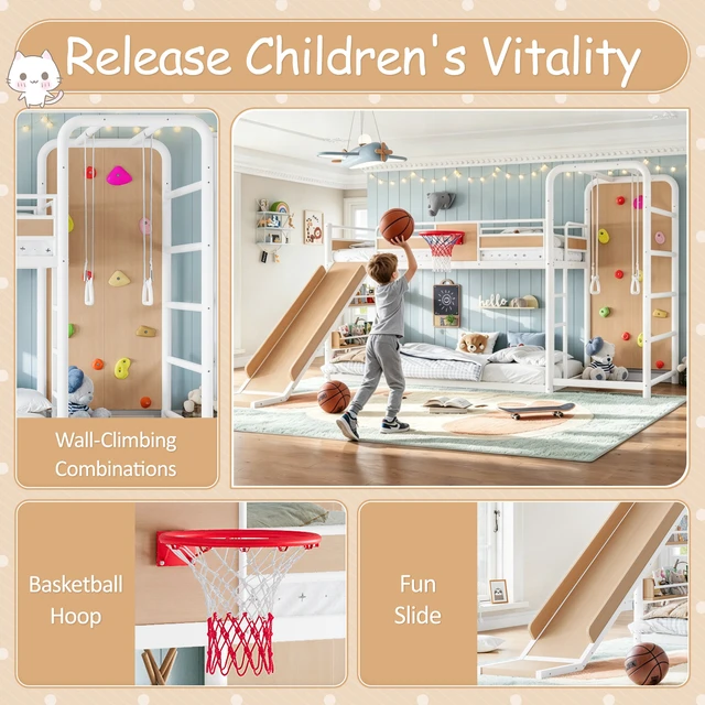 Alt view image 5 of 7 - Twin Size Metal Loft Bunk Bed with Basketball Hoop, Pull Rings Climbing Wall and Built in Bookshelves Playful Children