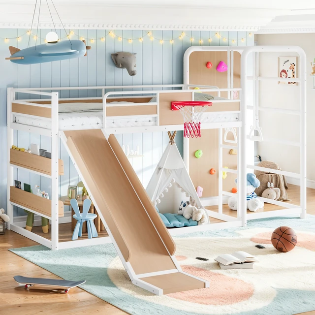 Alt view image 2 of 7 - Twin Size Metal Loft Bunk Bed with Basketball Hoop, Pull Rings Climbing Wall and Built in Bookshelves Playful Children