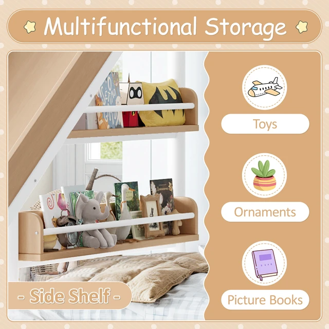 Alt view image 7 of 7 - Twin Size Metal Loft Bunk Bed with Basketball Hoop, Pull Rings Climbing Wall and Built in Bookshelves Playful Children