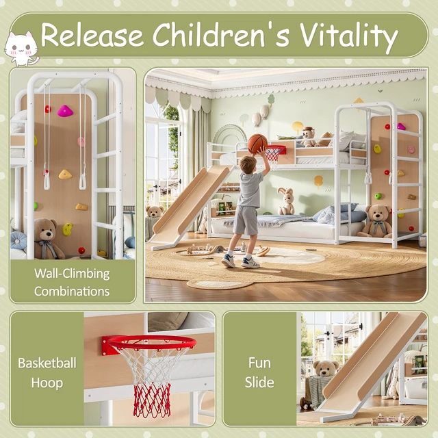 Alt view image 5 of 7 - Full Size Metal Loft Bed with Basketball Hoop, Pull Rings Climbing Wall and Built in Bookshelves Playful Children