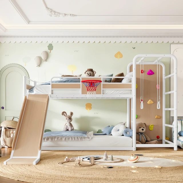 Alt view image 2 of 7 - Full Size Metal Loft Bed with Basketball Hoop, Pull Rings Climbing Wall and Built in Bookshelves Playful Children