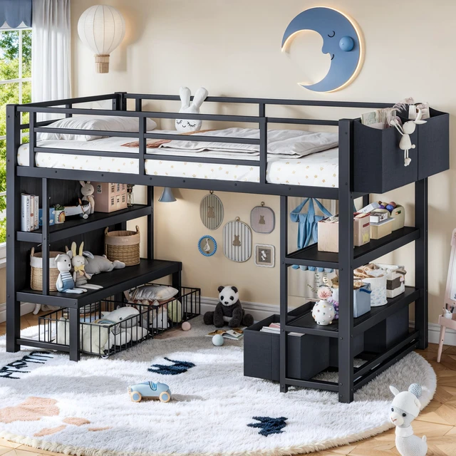 Main image of Twin Metal Low Loft Bed for Kids, Low Loft Bed with Storage Drawer with Bookshelf and Storage Bag Frame with Open