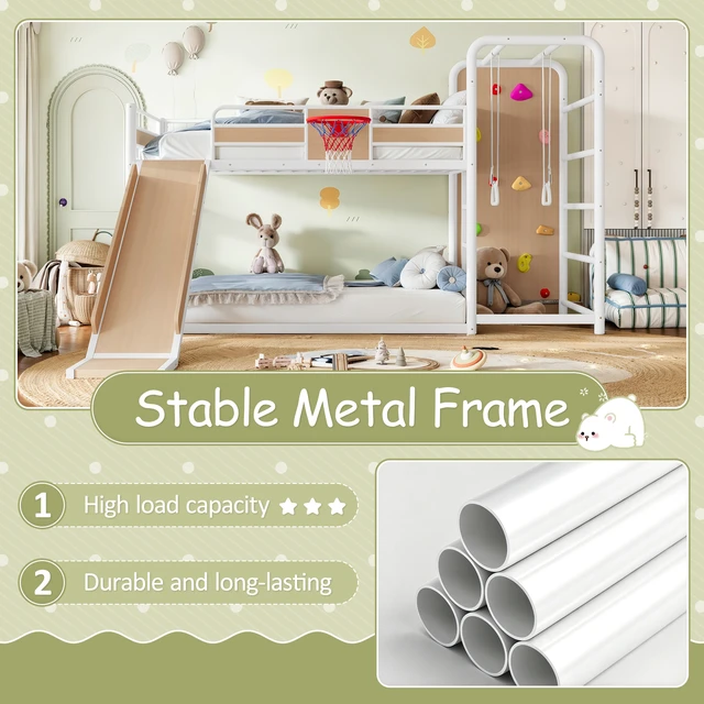 Alt view image 7 of 7 - Full Size Metal Loft Bed with Basketball Hoop, Pull Rings Climbing Wall and Built in Bookshelves Playful Children