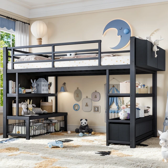 Alt view image 2 of 7 - Twin Metal Low Loft Bed for Kids, Low Loft Bed with Storage Drawer with Bookshelf and Storage Bag Frame with Open