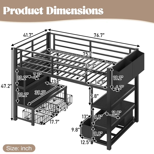 Alt view image 4 of 7 - Twin Metal Low Loft Bed for Kids, Low Loft Bed with Storage Drawer with Bookshelf and Storage Bag Frame with Open