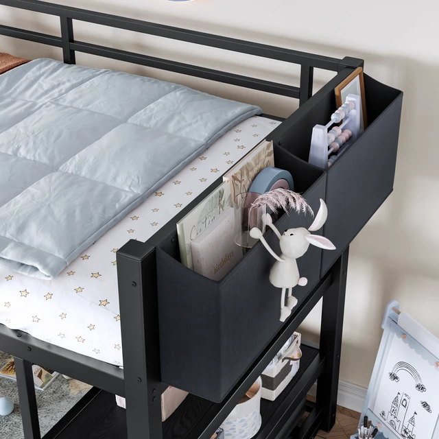 Alt view image 5 of 7 - Twin Metal Low Loft Bed for Kids, Low Loft Bed with Storage Drawer with Bookshelf and Storage Bag Frame with Open