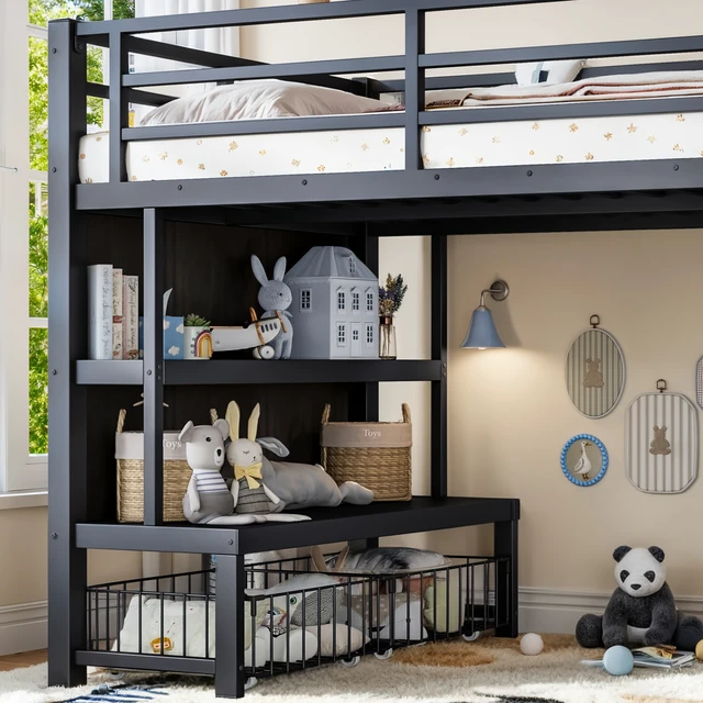 Alt view image 7 of 7 - Twin Metal Low Loft Bed for Kids, Low Loft Bed with Storage Drawer with Bookshelf and Storage Bag Frame with Open