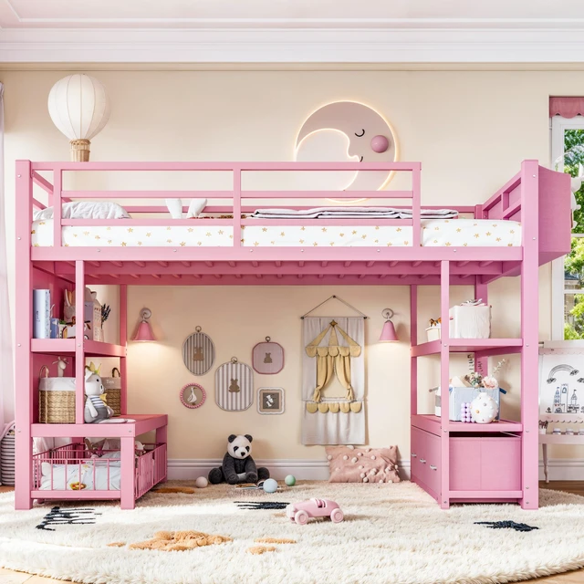 Alt view image 3 of 7 - Twin Metal Low Loft Bed for Kids, Low Loft Bed with Storage Drawer with Bookshelf and Storage Bag Frame with Open