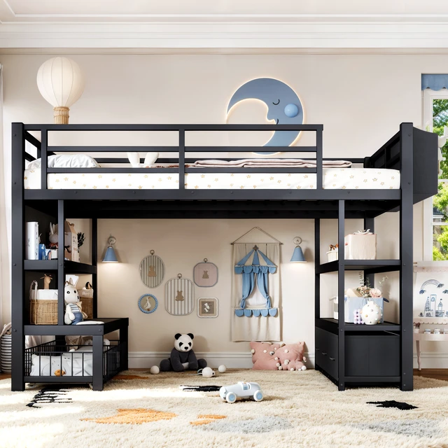 Alt view image 3 of 7 - Twin Metal Low Loft Bed for Kids, Low Loft Bed with Storage Drawer with Bookshelf and Storage Bag Frame with Open