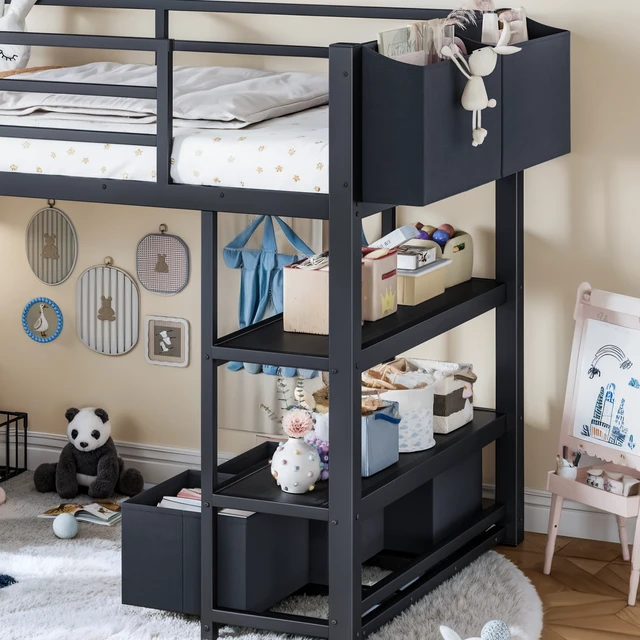 Alt view image 6 of 7 - Twin Metal Low Loft Bed for Kids, Low Loft Bed with Storage Drawer with Bookshelf and Storage Bag Frame with Open