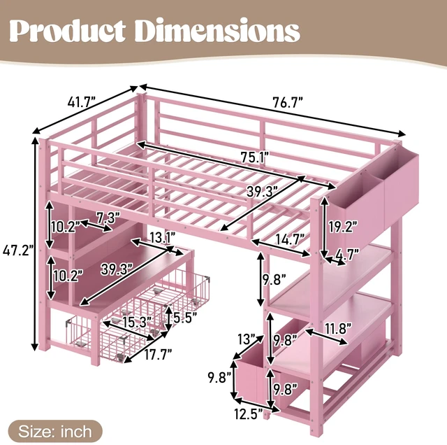 Alt view image 4 of 7 - Twin Metal Low Loft Bed for Kids, Low Loft Bed with Storage Drawer with Bookshelf and Storage Bag Frame with Open
