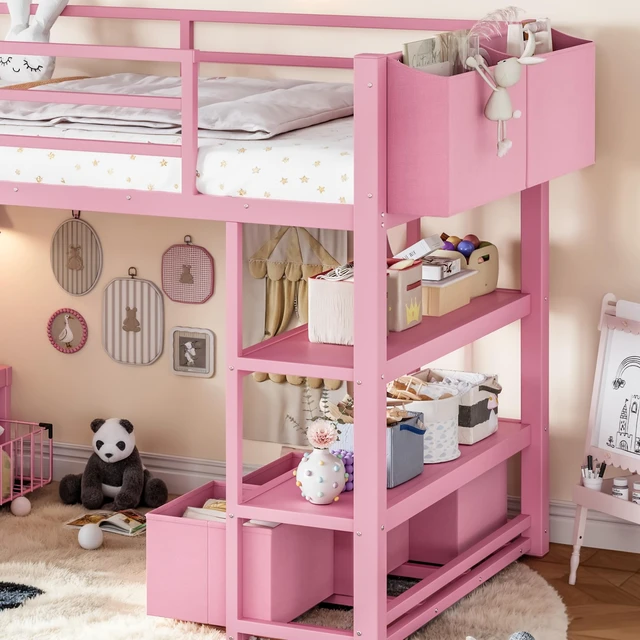 Alt view image 5 of 7 - Twin Metal Low Loft Bed for Kids, Low Loft Bed with Storage Drawer with Bookshelf and Storage Bag Frame with Open