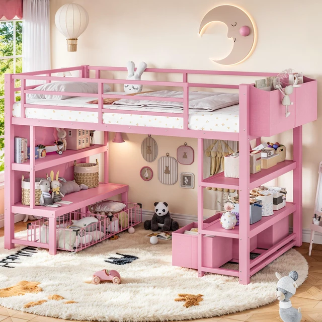 Alt view image 2 of 7 - Twin Metal Low Loft Bed for Kids, Low Loft Bed with Storage Drawer with Bookshelf and Storage Bag Frame with Open