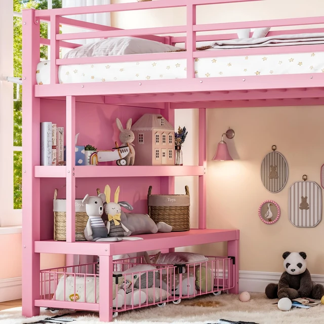Alt view image 7 of 7 - Twin Metal Low Loft Bed for Kids, Low Loft Bed with Storage Drawer with Bookshelf and Storage Bag Frame with Open