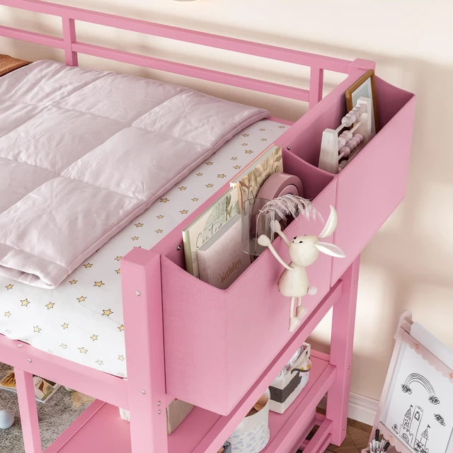 Alt view image 6 of 7 - Twin Metal Low Loft Bed for Kids, Low Loft Bed with Storage Drawer with Bookshelf and Storage Bag Frame with Open