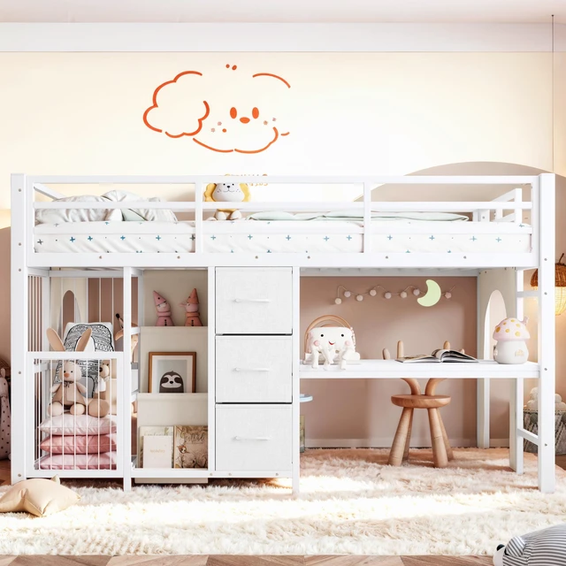 Alt view image 2 of 7 - Twin Metal Low Loft Bed for Kids, Low Loft Bed with Storage Drawer with Bookshelf and Built in Desk Frame Function