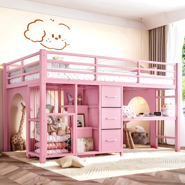 Main image of Twin Metal Low Loft Bed for Kids, Low Loft Bed with Storage Drawer with Bookshelf and Built in Desk Frame Function