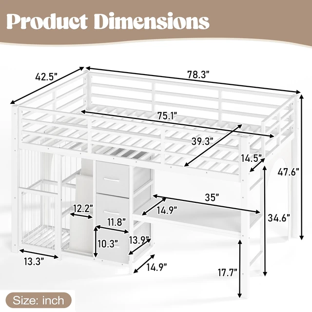 Alt view image 4 of 7 - Twin Metal Low Loft Bed for Kids, Low Loft Bed with Storage Drawer with Bookshelf and Built in Desk Frame Function