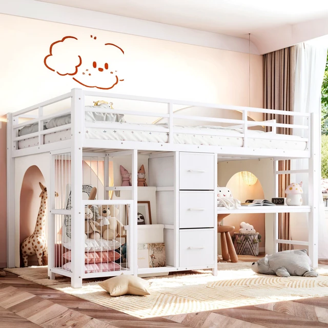 Main image of Twin Metal Low Loft Bed for Kids, Low Loft Bed with Storage Drawer with Bookshelf and Built in Desk Frame Function