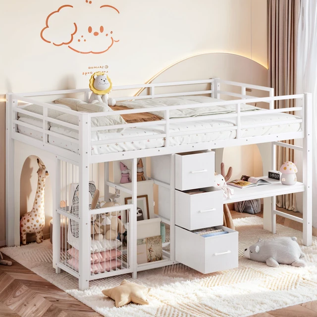 Alt view image 3 of 7 - Twin Metal Low Loft Bed for Kids, Low Loft Bed with Storage Drawer with Bookshelf and Built in Desk Frame Function