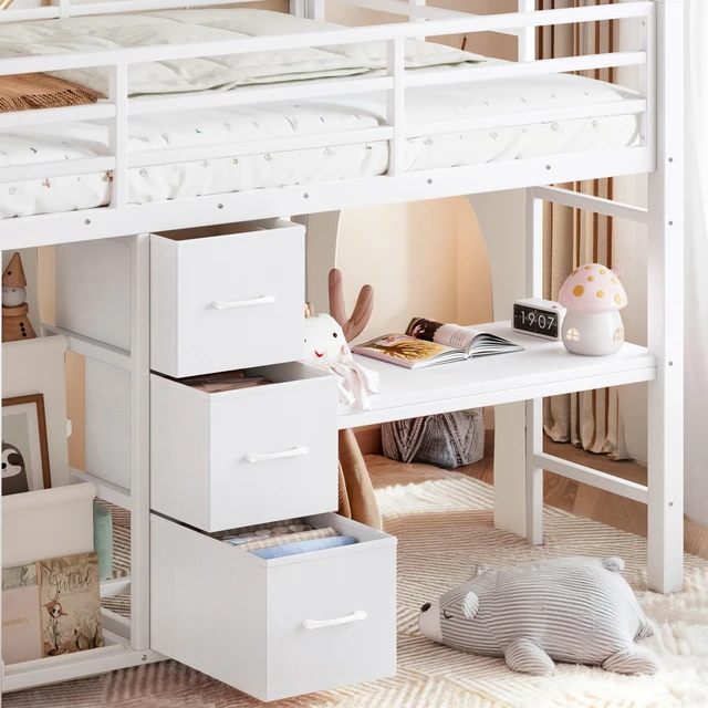 Alt view image 5 of 7 - Twin Metal Low Loft Bed for Kids, Low Loft Bed with Storage Drawer with Bookshelf and Built in Desk Frame Function
