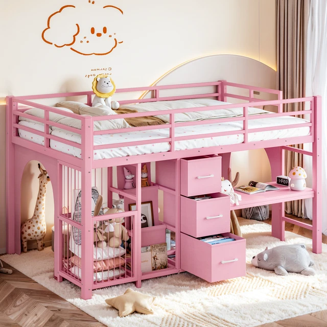 Alt view image 2 of 7 - Twin Metal Low Loft Bed for Kids, Low Loft Bed with Storage Drawer with Bookshelf and Built in Desk Frame Function