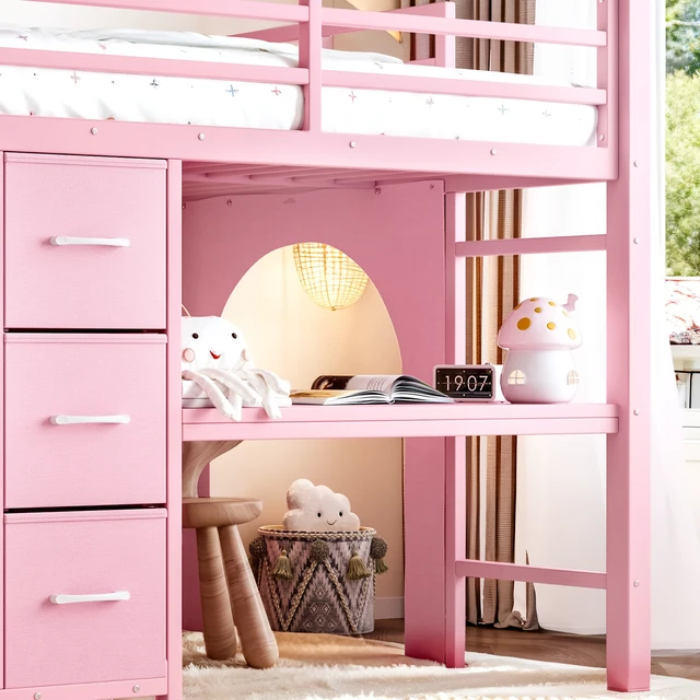Alt view image 5 of 7 - Twin Metal Low Loft Bed for Kids, Low Loft Bed with Storage Drawer with Bookshelf and Built in Desk Frame Function