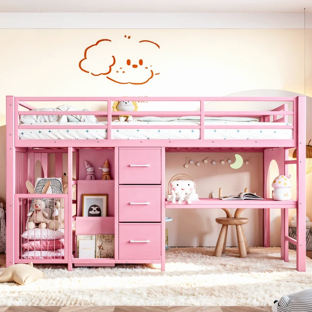 Alt view image 3 of 7 - Twin Metal Low Loft Bed for Kids, Low Loft Bed with Storage Drawer with Bookshelf and Built in Desk Frame Function