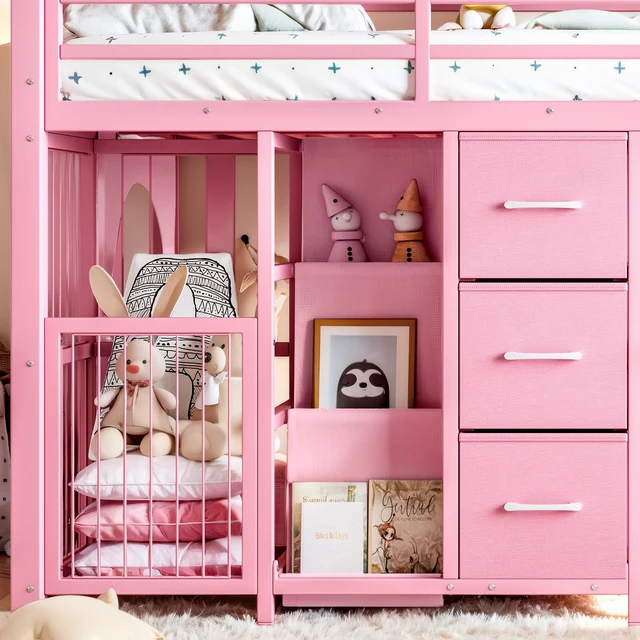 Alt view image 6 of 7 - Twin Metal Low Loft Bed for Kids, Low Loft Bed with Storage Drawer with Bookshelf and Built in Desk Frame Function