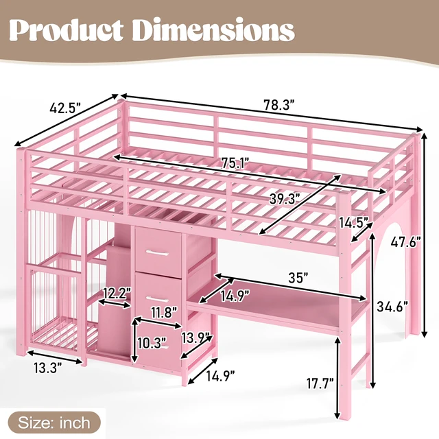 Alt view image 4 of 7 - Twin Metal Low Loft Bed for Kids, Low Loft Bed with Storage Drawer with Bookshelf and Built in Desk Frame Function