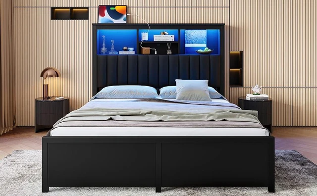 Alt view image 6 of 7 - Queen Bed Frame with High Storage Headboard, Bed Frame with LED and Charging Station Storage Drawers Box Spring Needed