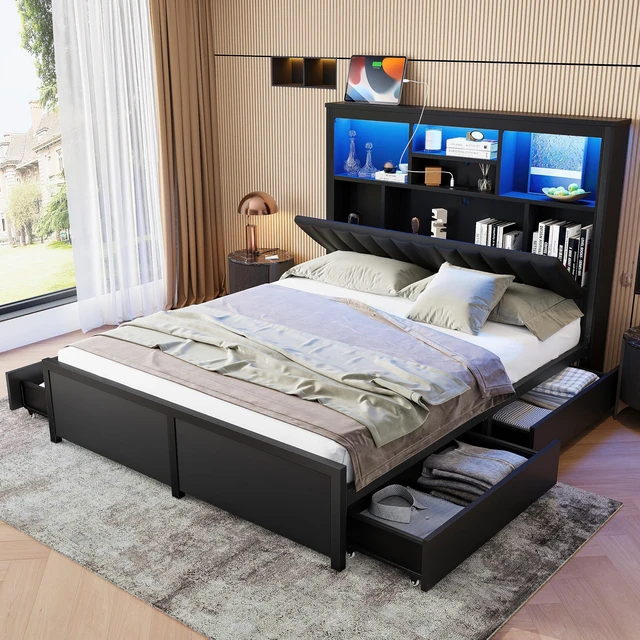 Alt view image 5 of 7 - Queen Bed Frame with High Storage Headboard, Bed Frame with LED and Charging Station Storage Drawers Box Spring Needed