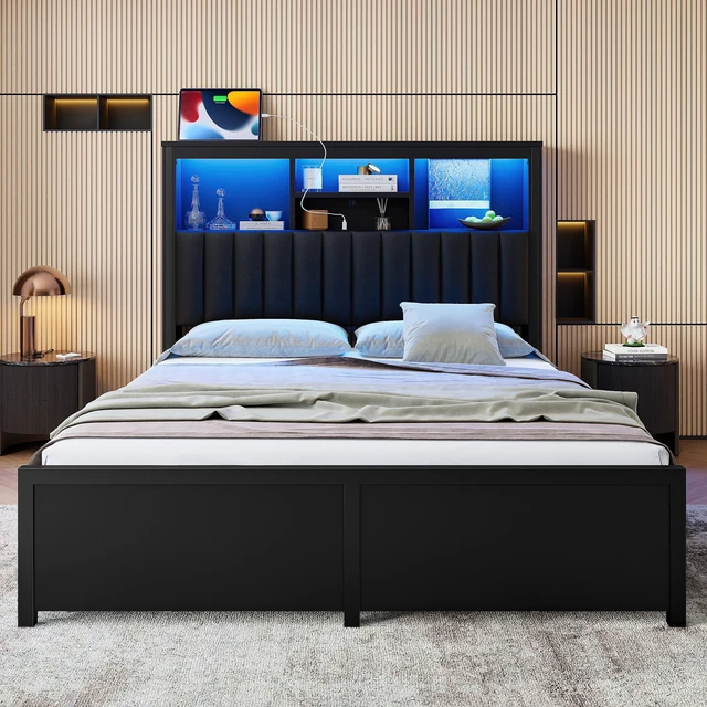 Alt view image 3 of 7 - Queen Bed Frame with High Storage Headboard, Bed Frame with LED and Charging Station Storage Drawers Box Spring Needed