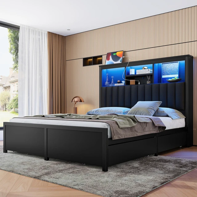 Alt view image 4 of 7 - Queen Bed Frame with High Storage Headboard, Bed Frame with LED and Charging Station Storage Drawers Box Spring Needed