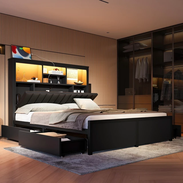 Alt view image 2 of 7 - Queen Bed Frame with High Storage Headboard, Bed Frame with LED and Charging Station Storage Drawers Box Spring Needed