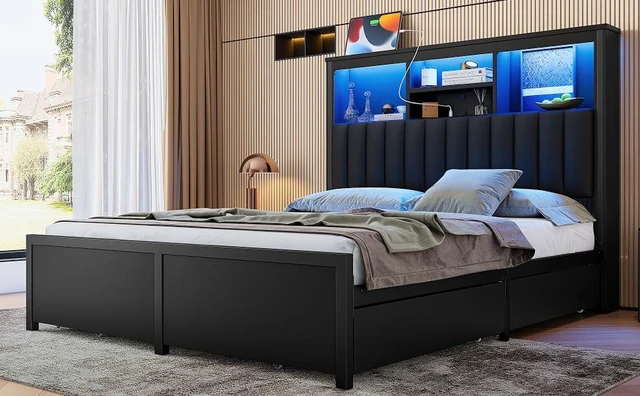 Alt view image 7 of 7 - Queen Bed Frame with High Storage Headboard, Bed Frame with LED and Charging Station Storage Drawers Box Spring Needed