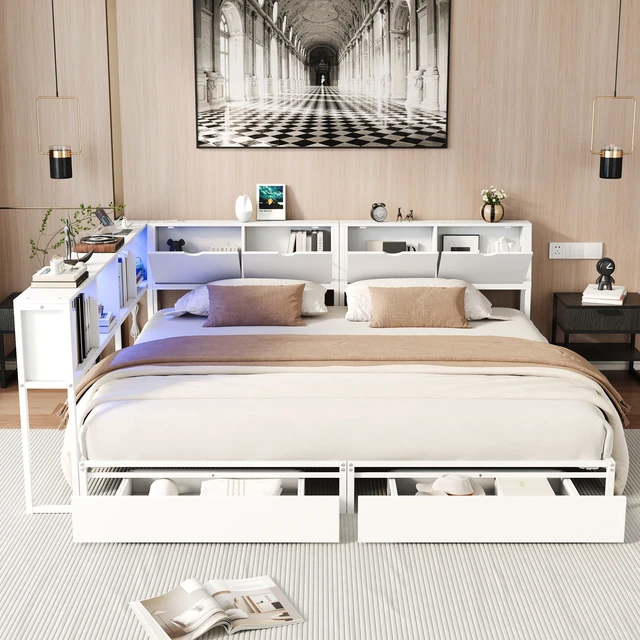 Alt view image 2 of 7 - 2 Twin Size Bed Frame with Storage Bookcase Divider and LED Lights, Double Twin Bed with Large Drawers and Headboard