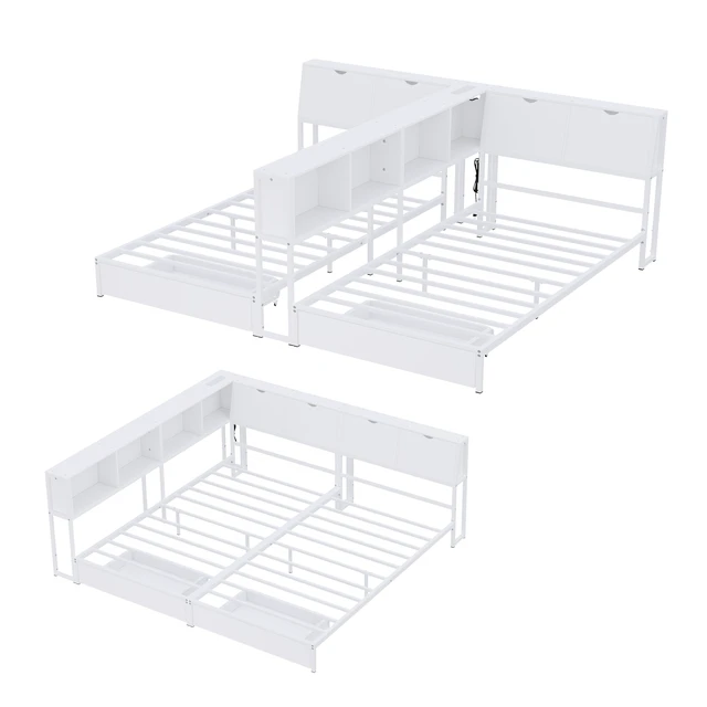 Alt view image 7 of 7 - 2 Twin Size Bed Frame with Storage Bookcase Divider and LED Lights, Double Twin Bed with Large Drawers and Headboard